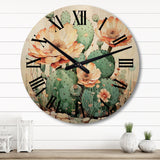 Designart "Coral Green Cactus Desert Blooms Pointillism I" Floral Oversized Wood Wall Clock