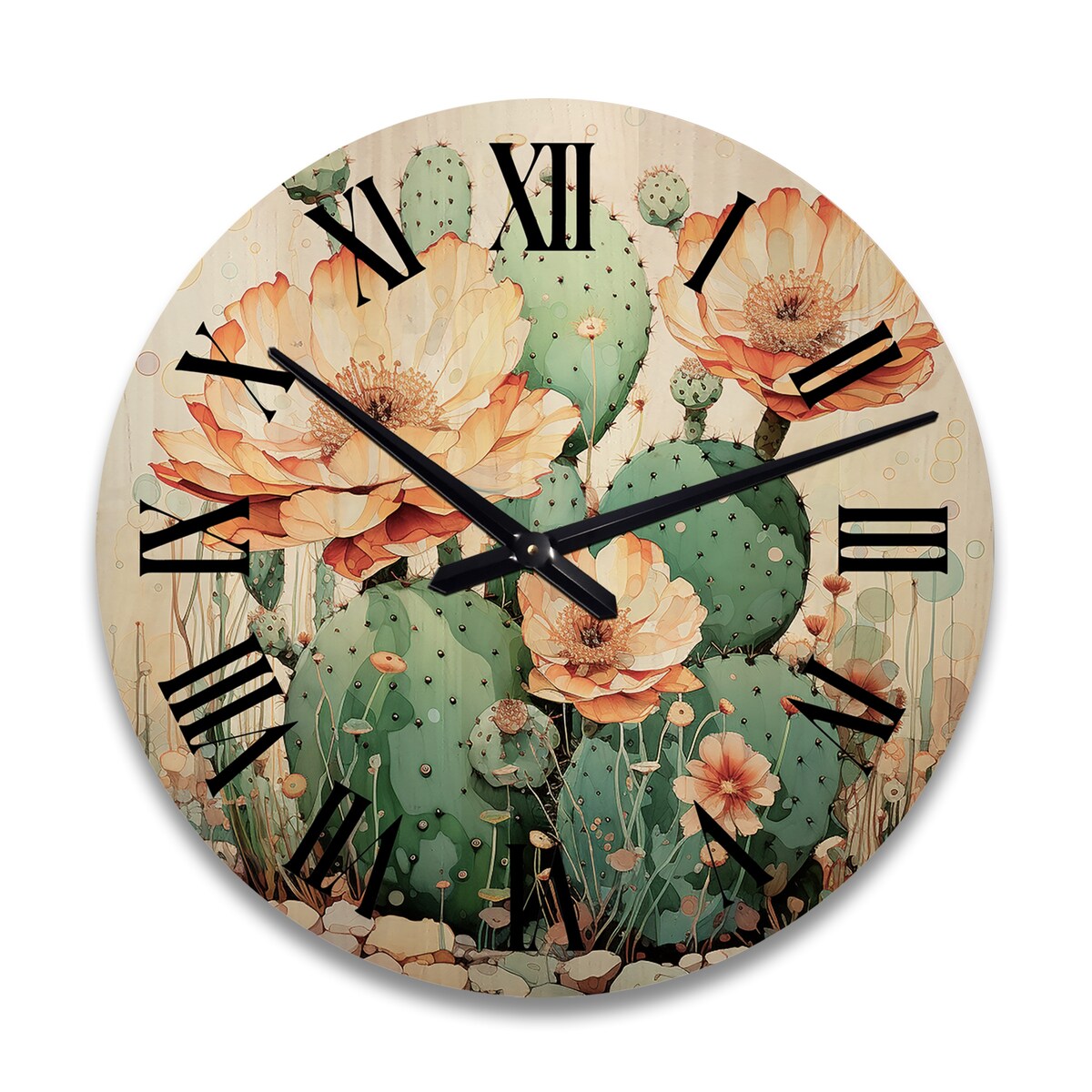 Designart "Coral Green Cactus Desert Blooms Pointillism I" Floral Oversized Wood Wall Clock