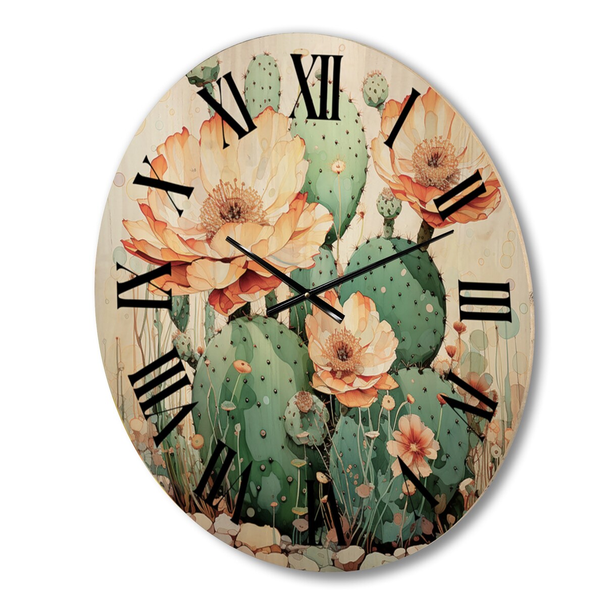 Designart "Coral Green Cactus Desert Blooms Pointillism I" Floral Oversized Wood Wall Clock