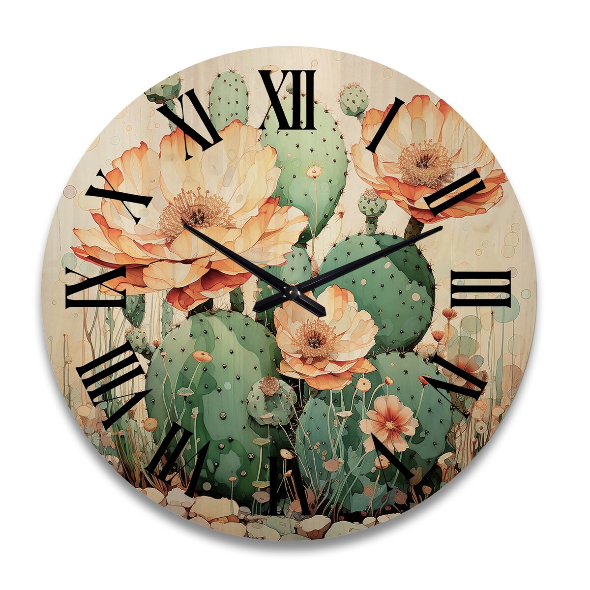 Designart "Coral Green Cactus Desert Blooms Pointillism I" Floral Oversized Wood Wall Clock