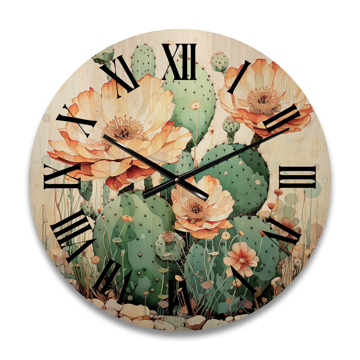 Designart "Coral Green Cactus Desert Blooms Pointillism I" Floral Oversized Wood Wall Clock