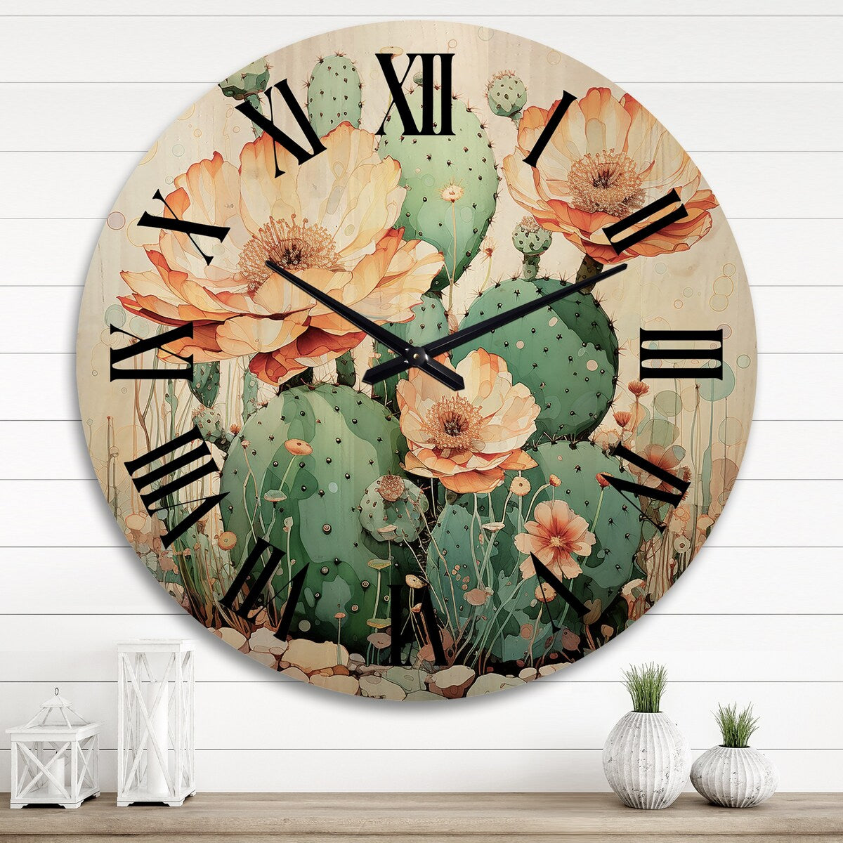 Designart "Coral Green Cactus Desert Blooms Pointillism I" Floral Oversized Wood Wall Clock