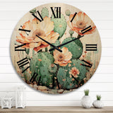Designart "Coral Green Cactus Desert Blooms Pointillism I" Floral Oversized Wood Wall Clock