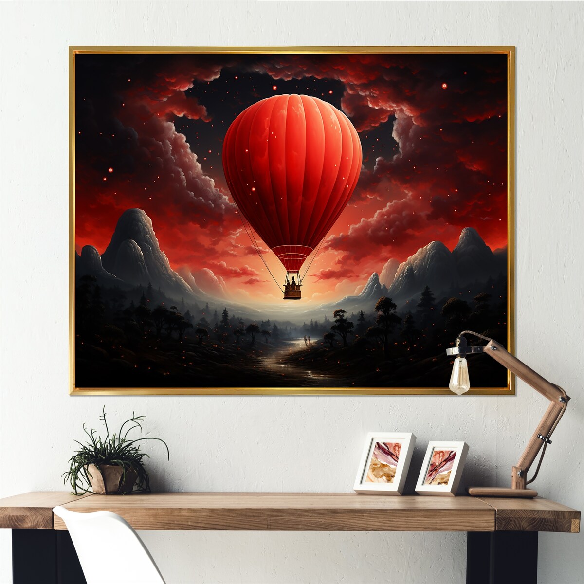 Designart "Coral Hot Air Balloons Take Flight I" Hot Air Balloon Framed Wall Art Prints