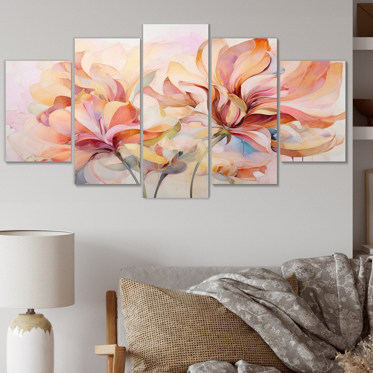 Designart "Coral Petal Symphony II" Abstract Botanicals Art Living Room Set