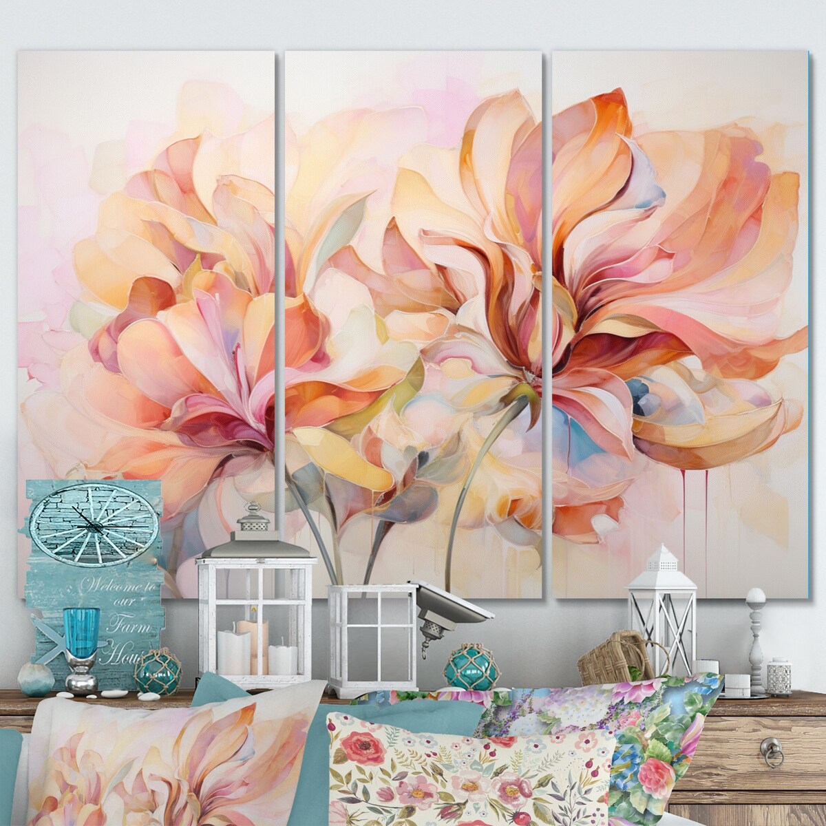 Designart "Coral Petal Symphony II" Abstract Botanicals Art Living Room Set