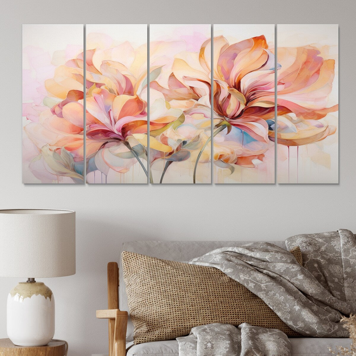 Designart "Coral Petal Symphony II" Abstract Botanicals Art Living Room Set