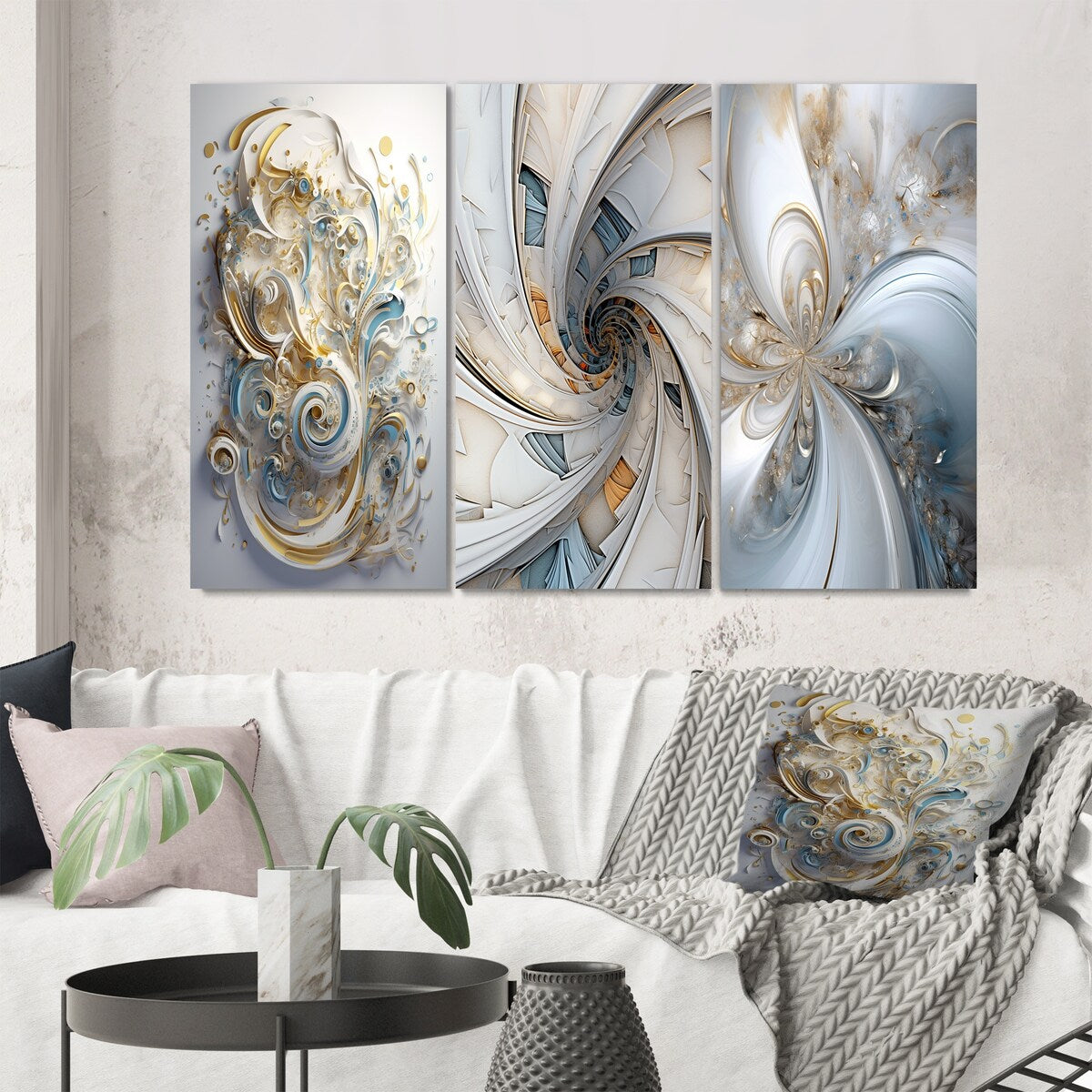 Designart "Cosmic Bliss Fractal Spiral V" Fractals Wall Art Set Of 3 - Transitional Printed Art Set For Bedroom