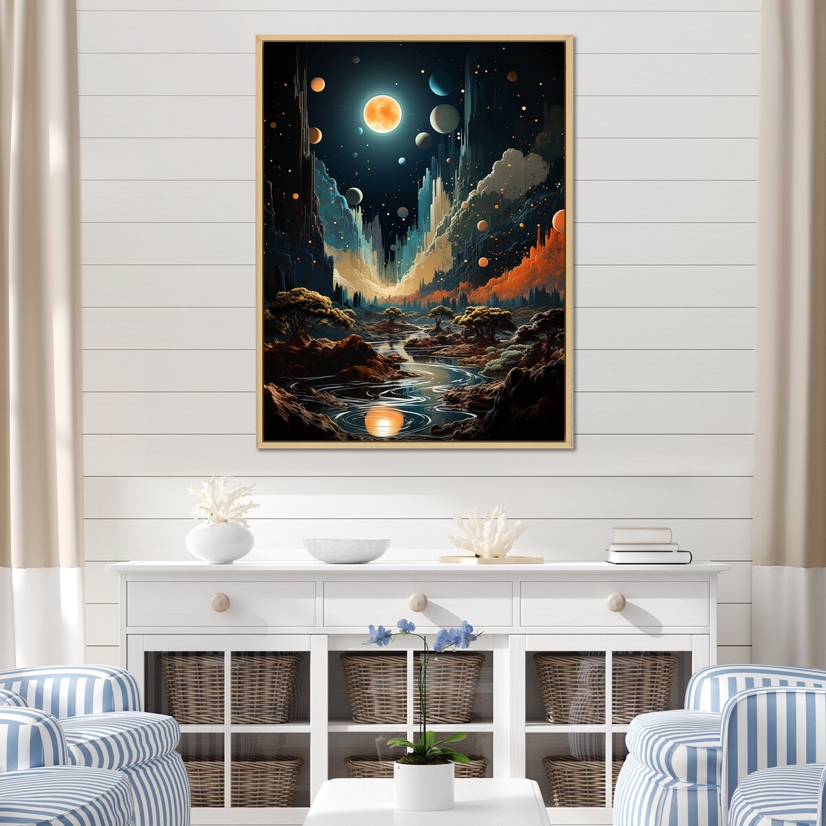 Designart "Cosmic Space Odyssey" Coastal Beach Orange Wall Decor - Coastal Bedroom Framed Canvas Wall Art