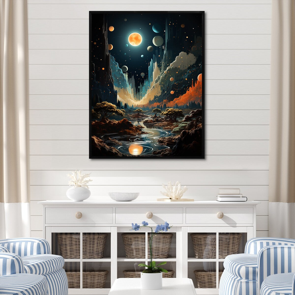 Designart "Cosmic Space Odyssey" Coastal Beach Orange Wall Decor - Coastal Bedroom Framed Canvas Wall Art