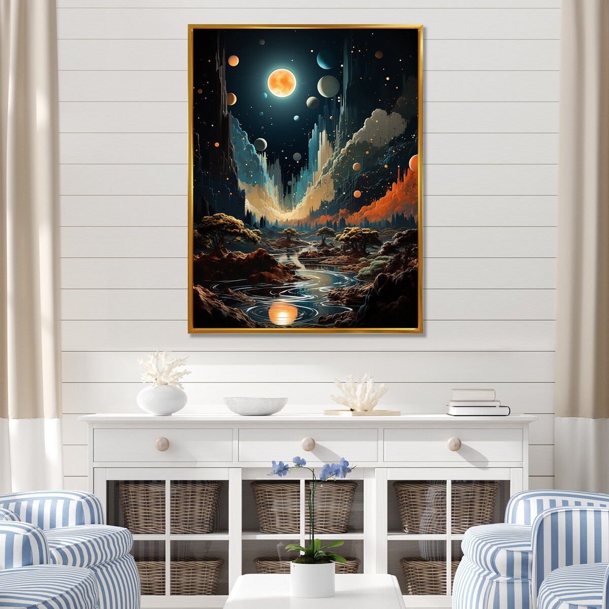 Designart "Cosmic Space Odyssey" Coastal Beach Orange Wall Decor - Coastal Bedroom Framed Canvas Wall Art