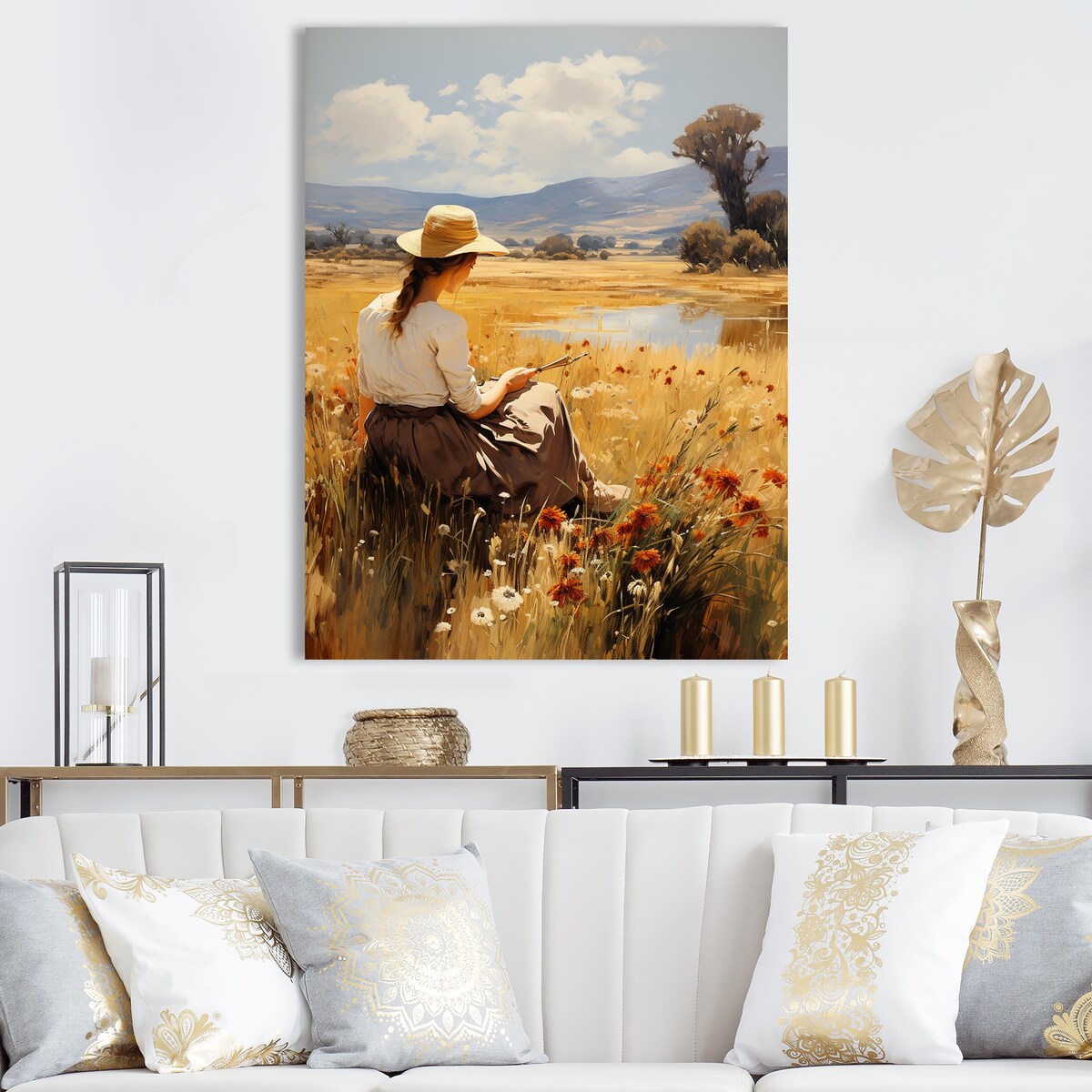 Designart "Countryside Calm Woman Meadows I" Woman Wall Art Yellow - Modern Wrapped Canvas For Hallway Décor