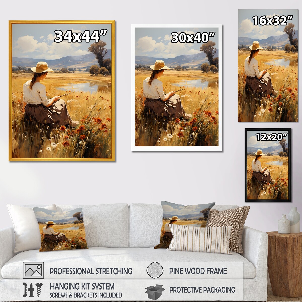Designart "Countryside Calm Woman Meadows I" Woman Wall Art Yellow - Modern Wrapped Canvas For Hallway Décor