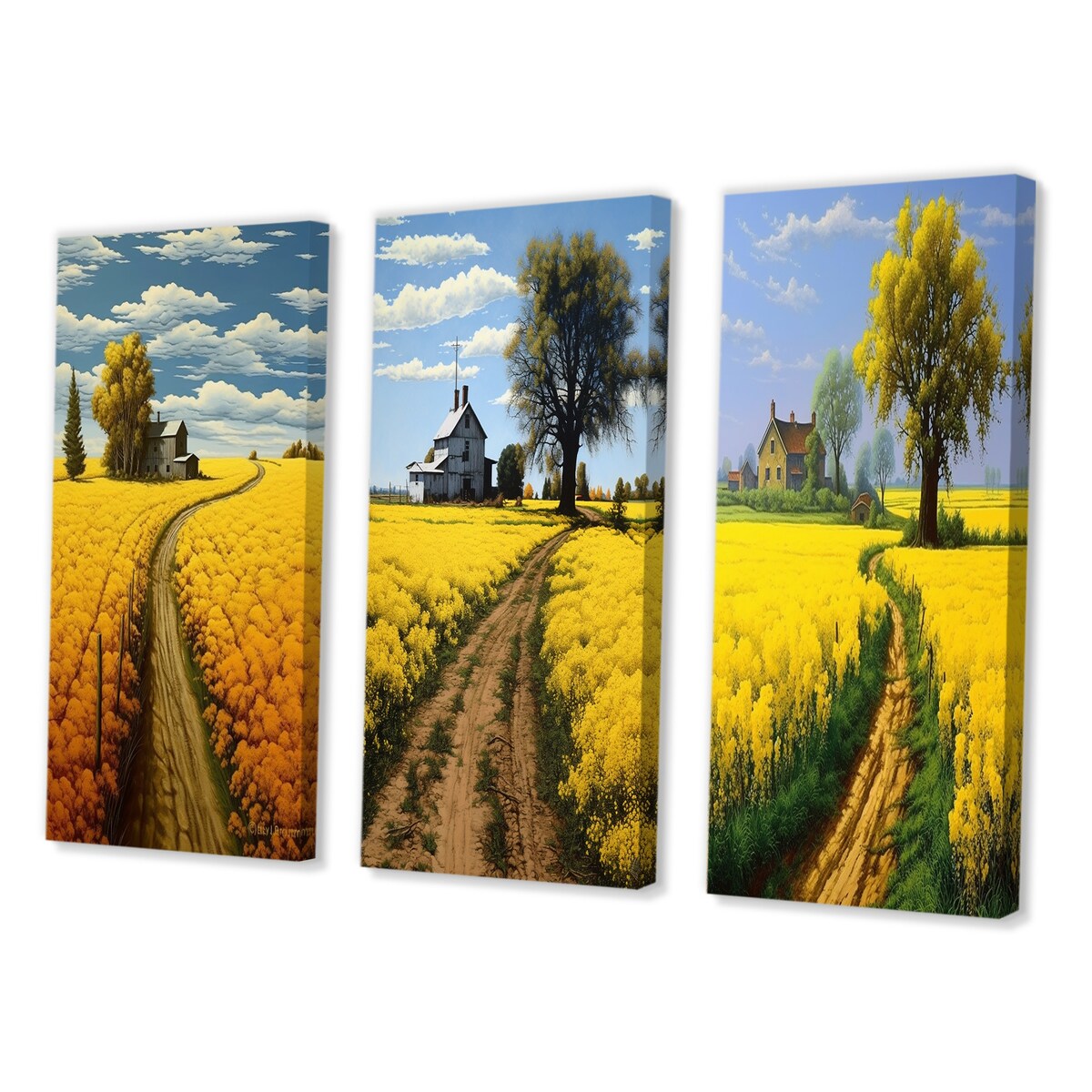 Designart "Countryside Farm Road Through Spring Fields II" Meadow Wall Art Set Of 3 - Canvas Set For Living Room Decor