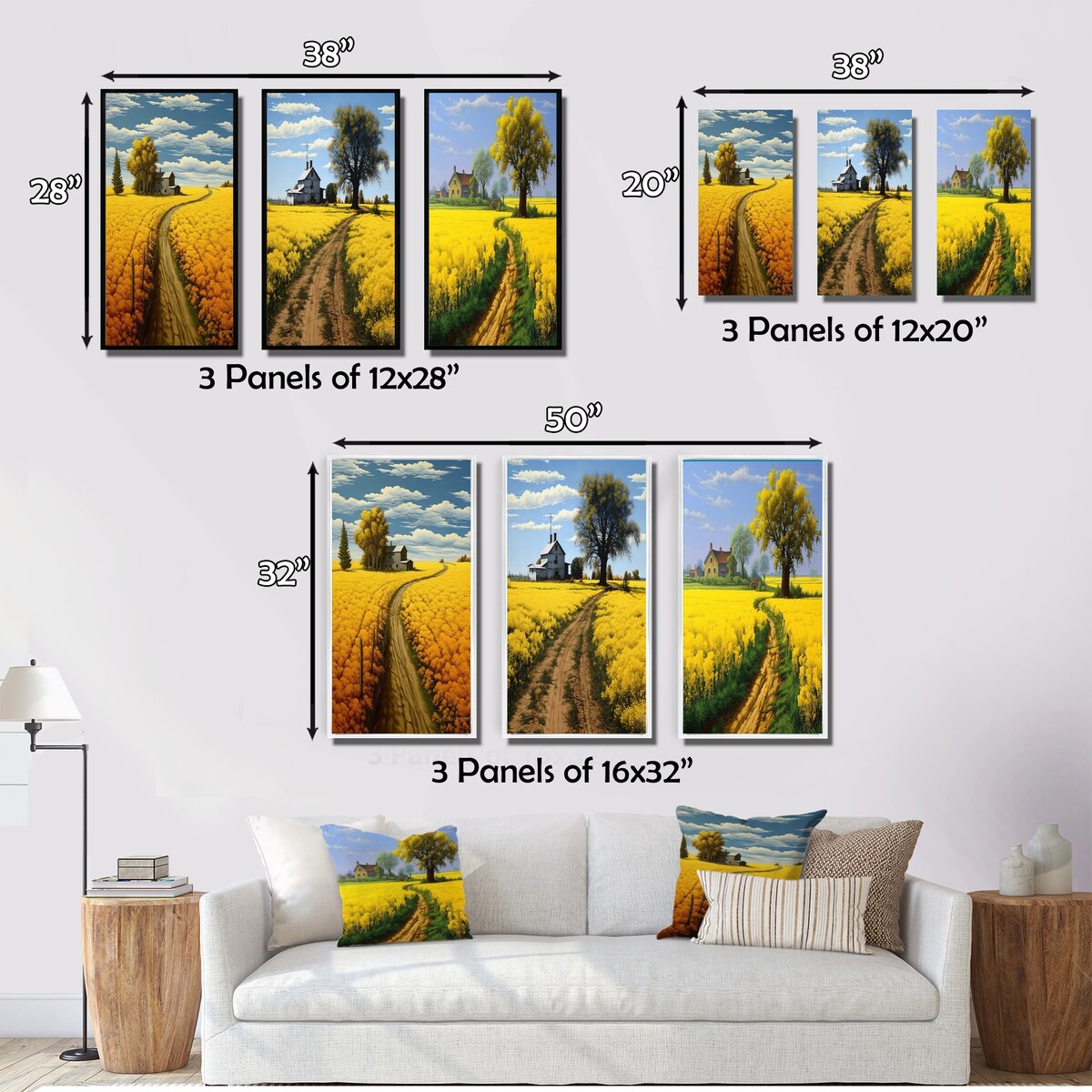 Designart "Countryside Farm Road Through Spring Fields II" Meadow Wall Art Set Of 3 - Canvas Set For Living Room Decor