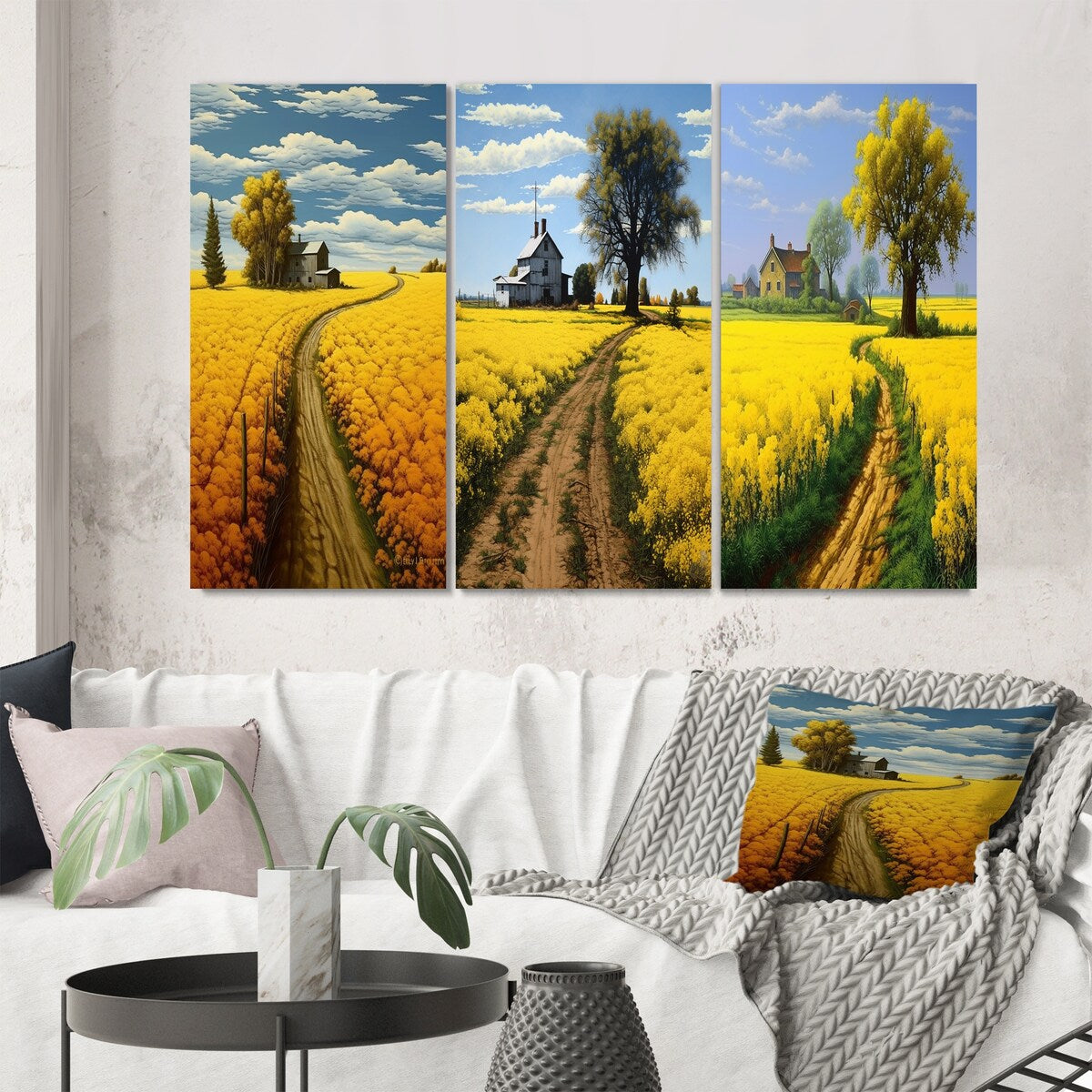 Designart "Countryside Farm Road Through Spring Fields II" Meadow Wall Art Set Of 3 - Canvas Set For Living Room Decor