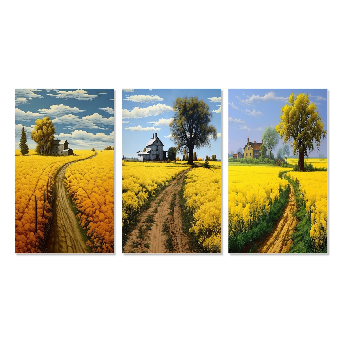 Designart "Countryside Farm Road Through Spring Fields II" Meadow Wall Art Set Of 3 - Canvas Set For Living Room Decor