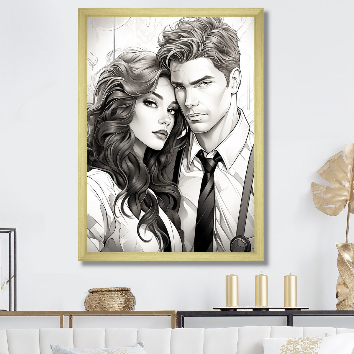 Designart "Couple Portrait Bd Illustration" Romantic Portrait Wall Decor Grey Traditional Living Room Framed Canvas Art