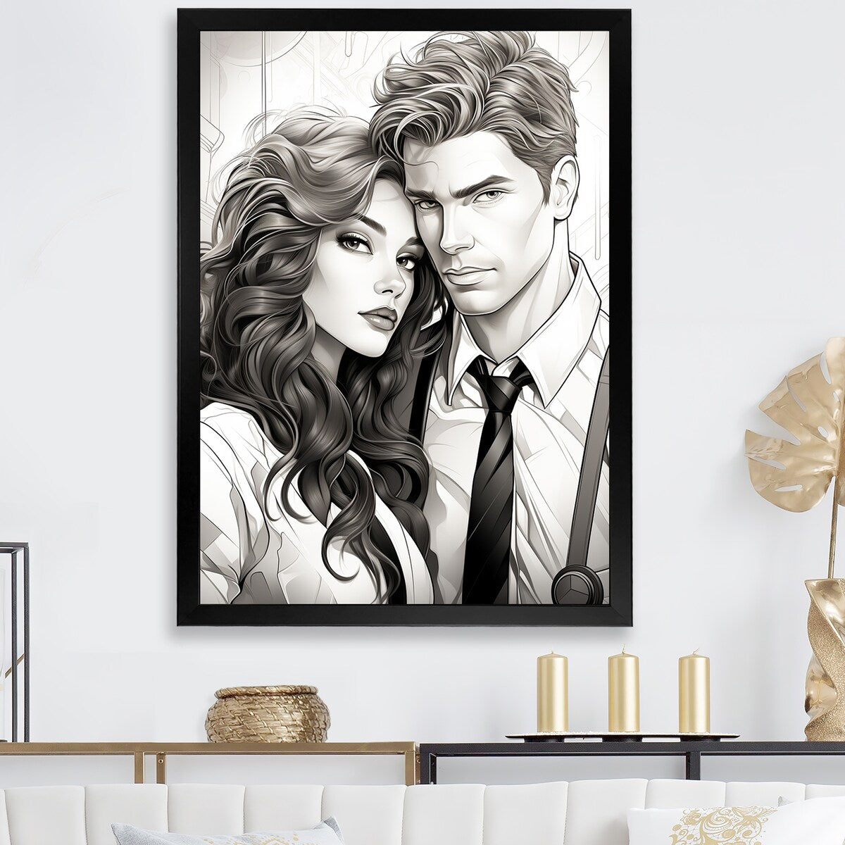 Designart "Couple Portrait Bd Illustration" Romantic Portrait Wall Decor Grey Traditional Living Room Framed Canvas Art
