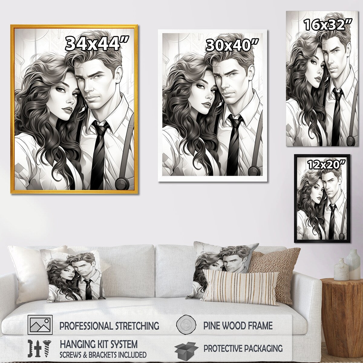 Designart "Couple Portrait Bd Illustration" Romantic Portrait Wall Decor Grey Traditional Living Room Framed Canvas Art