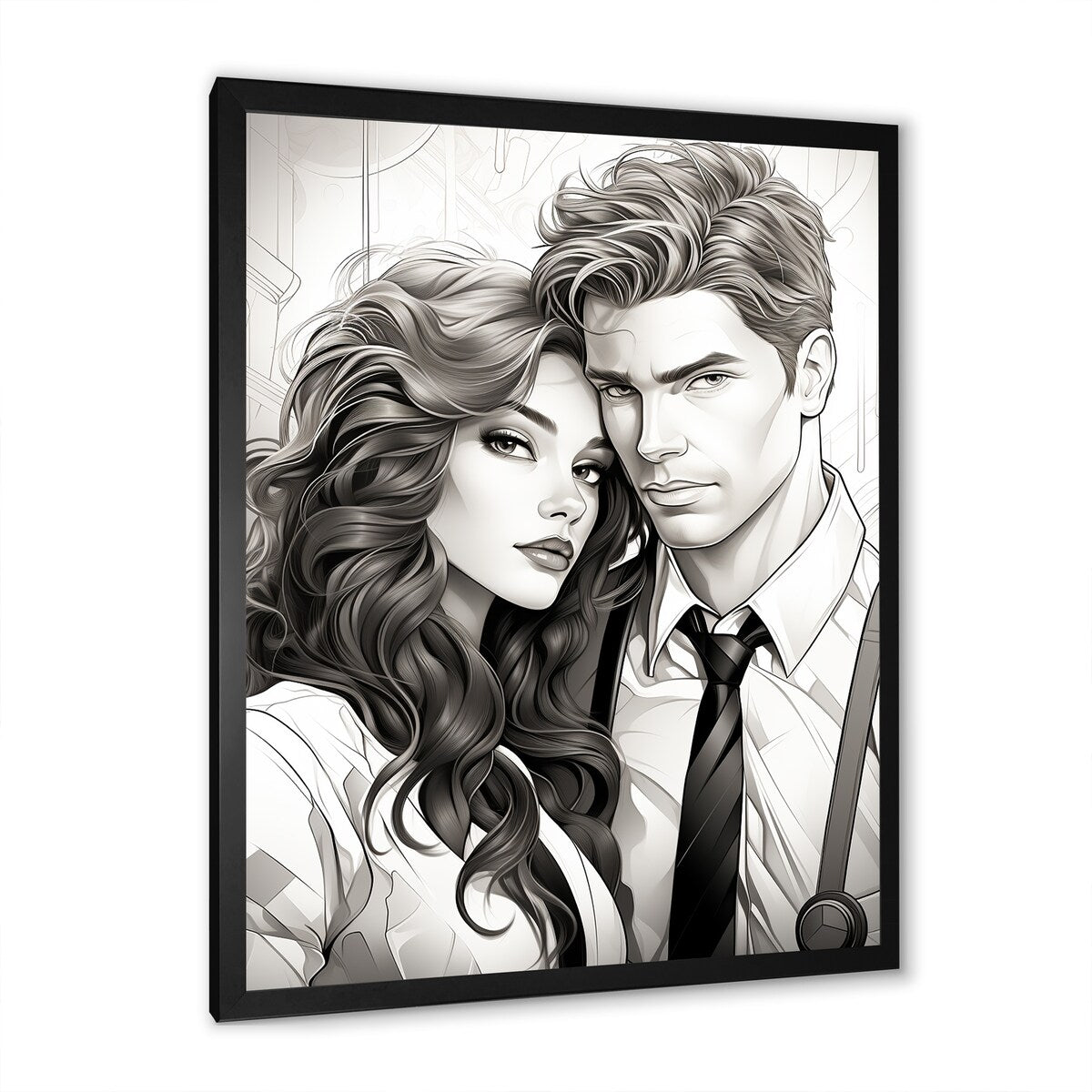 Designart "Couple Portrait Bd Illustration" Romantic Portrait Wall Decor Grey Traditional Living Room Framed Canvas Art
