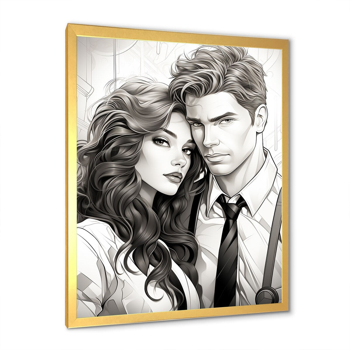 Designart "Couple Portrait Bd Illustration" Romantic Portrait Wall Decor Grey Traditional Living Room Framed Canvas Art