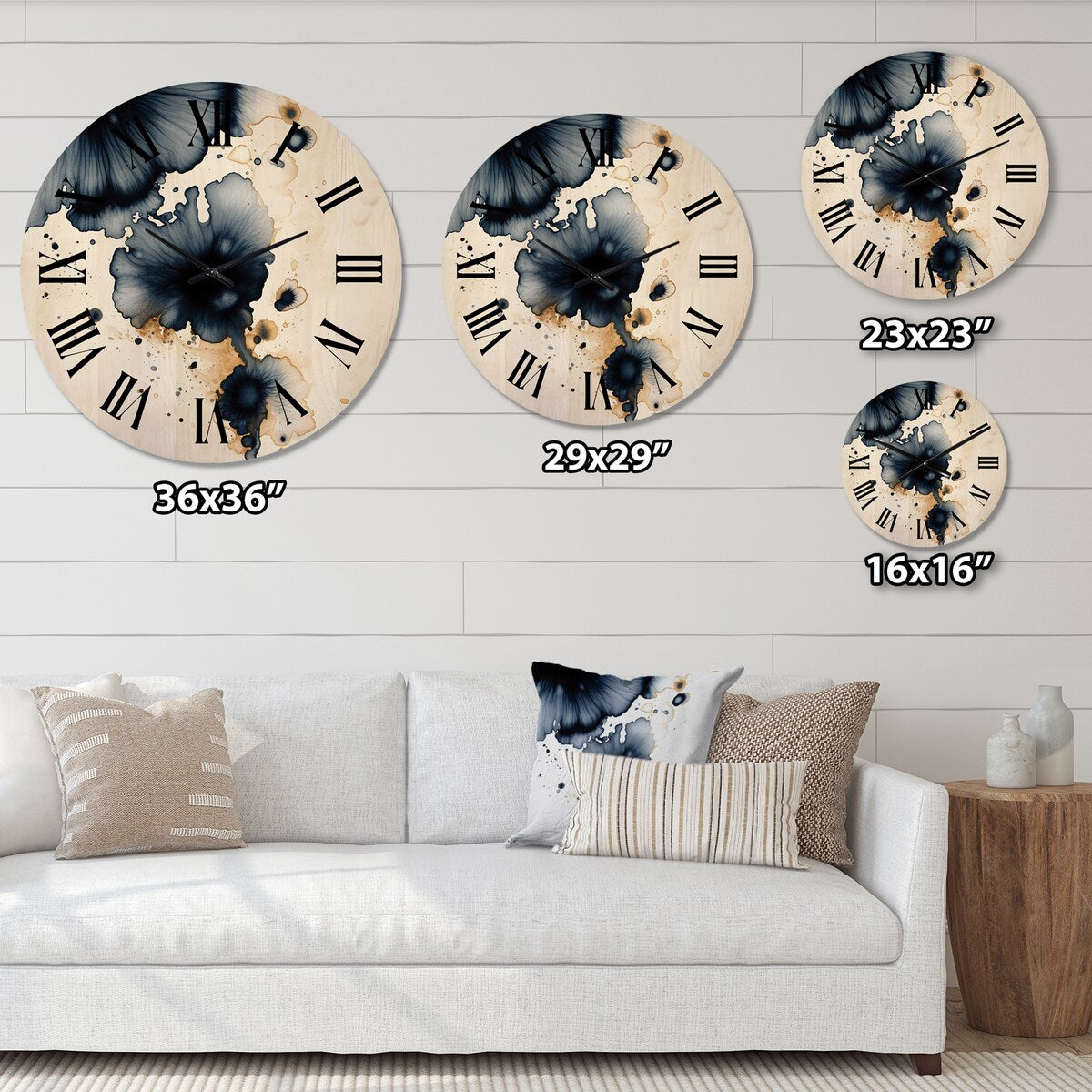 Designart "Crossroads Of Blue Grooves Abstract Ink Gold I" Abstract Painting Oversized Wood Wall Clock