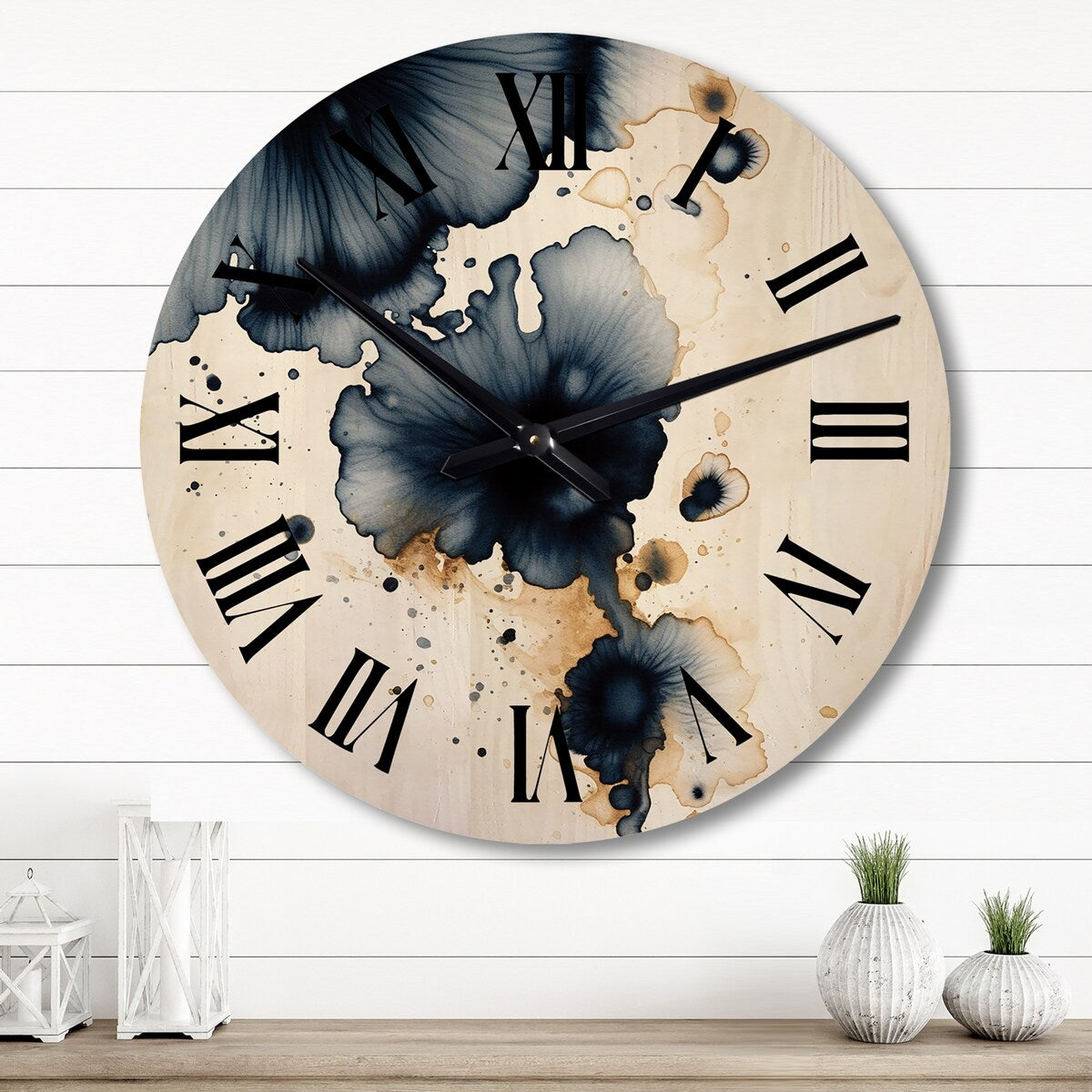 Designart "Crossroads Of Blue Grooves Abstract Ink Gold I" Abstract Painting Oversized Wood Wall Clock