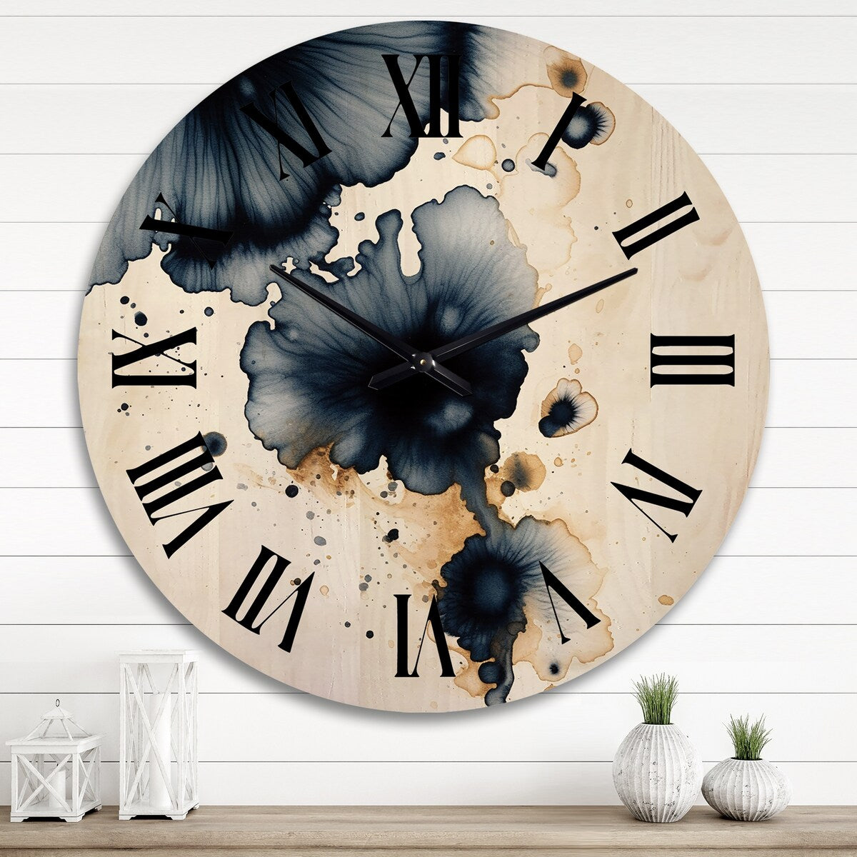 Designart "Crossroads Of Blue Grooves Abstract Ink Gold I" Abstract Painting Oversized Wood Wall Clock