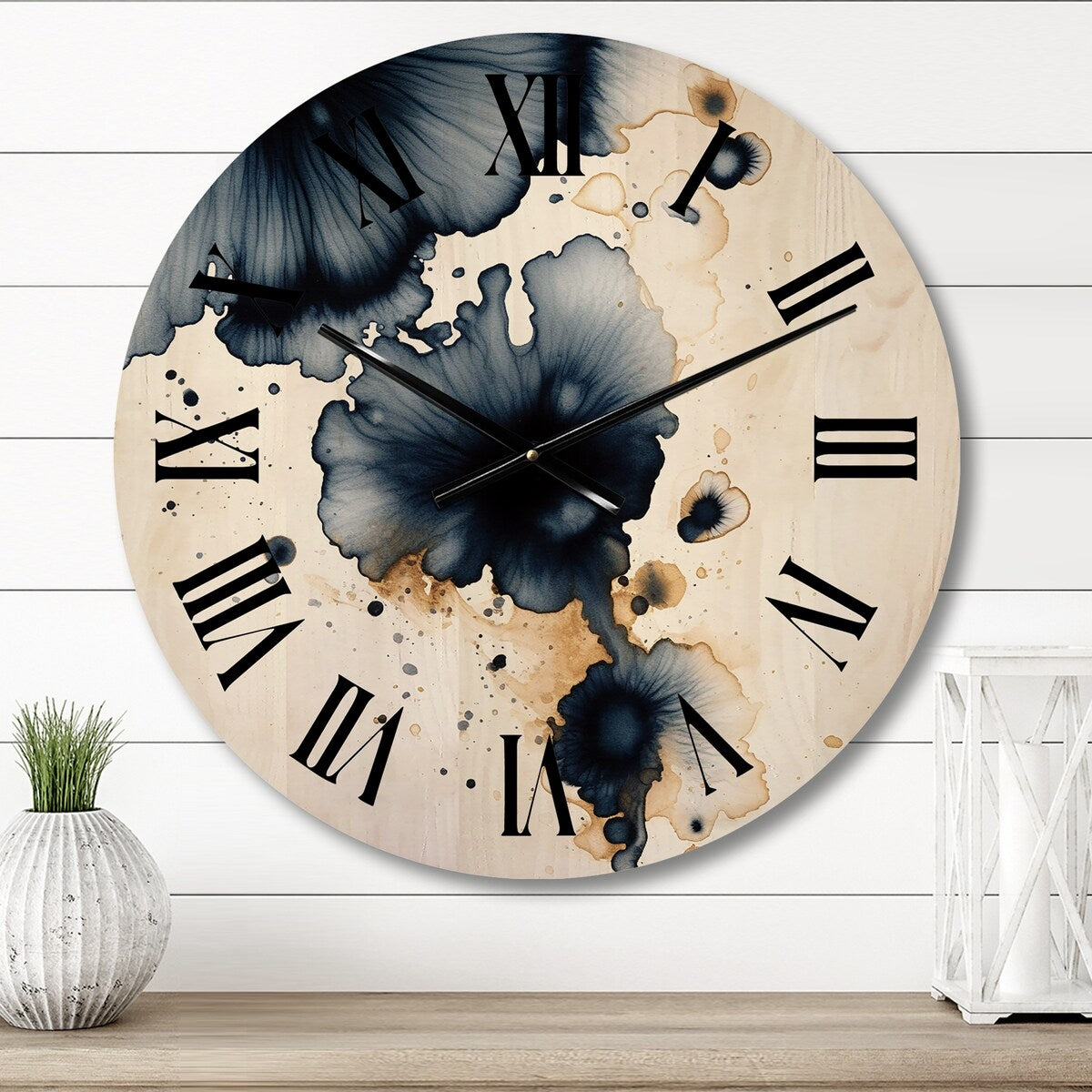 Designart "Crossroads Of Blue Grooves Abstract Ink Gold I" Abstract Painting Oversized Wood Wall Clock