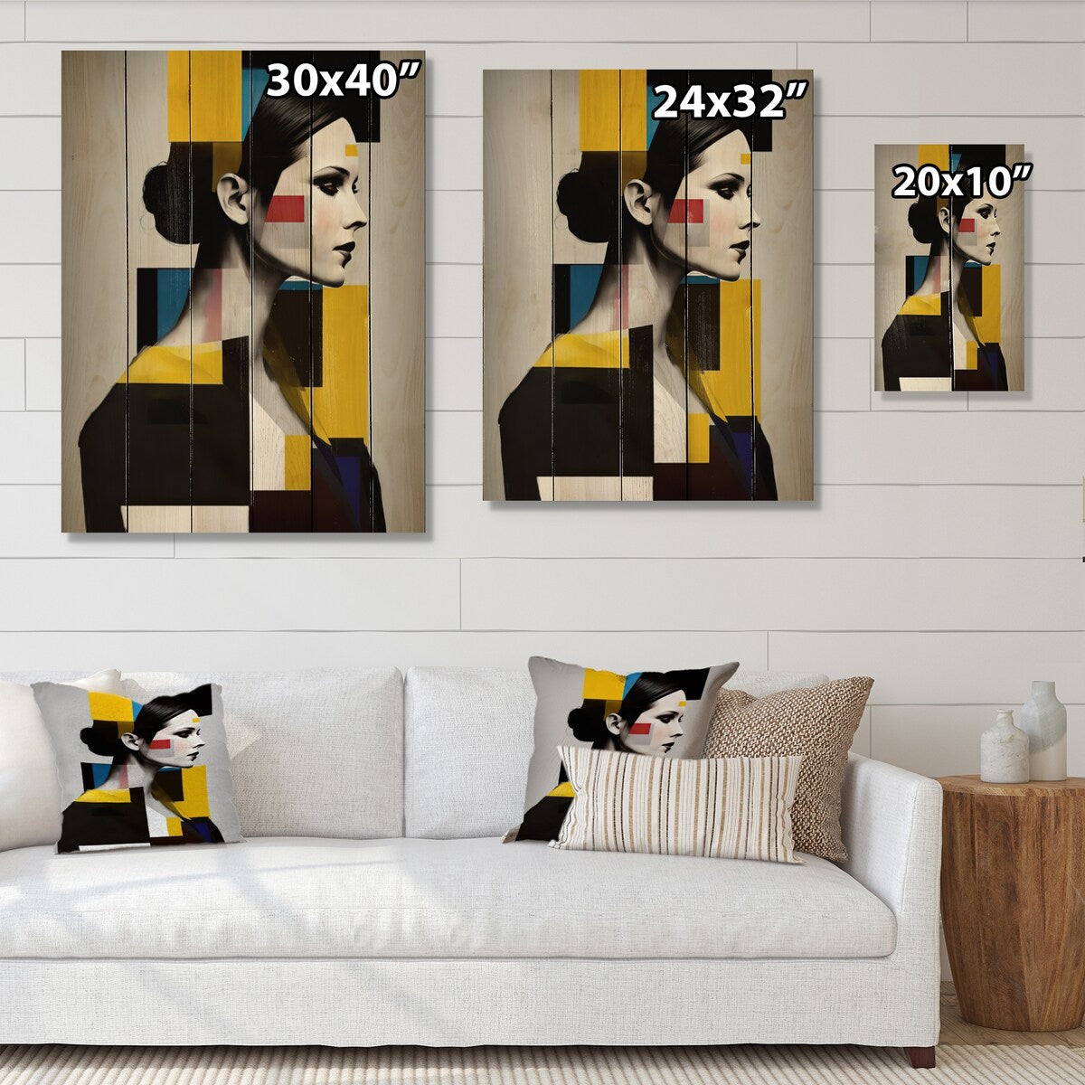 Designart "Cubist Profile In Yellow And Black" Modern Woman Print on Natural Pine Wood