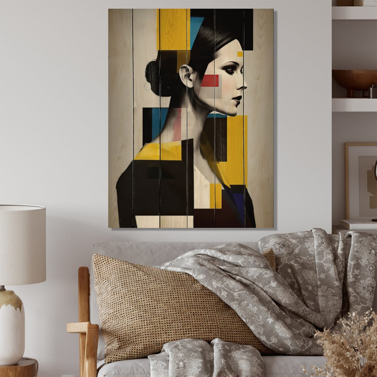 Designart "Cubist Profile In Yellow And Black" Modern Woman Print on Natural Pine Wood