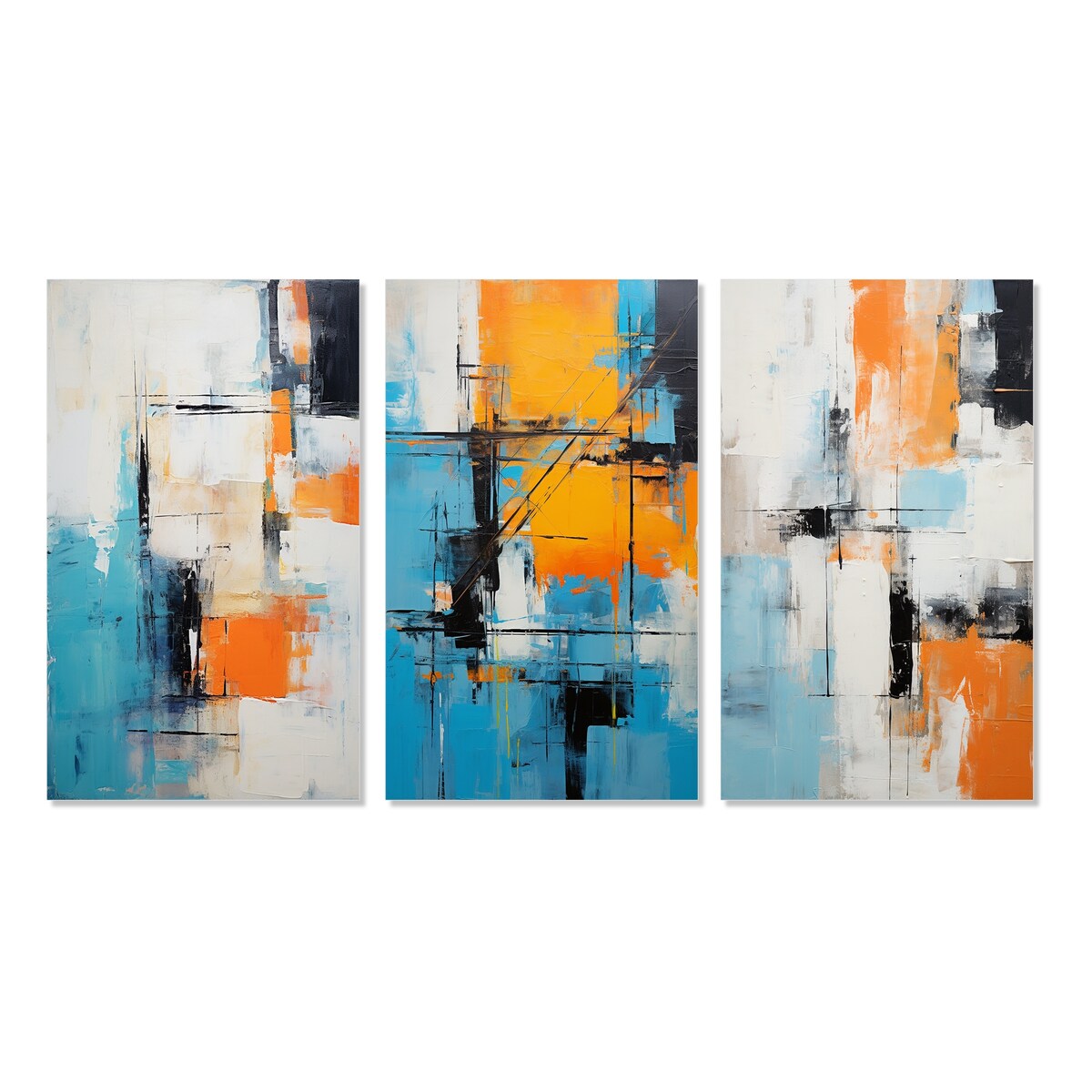 Designart "Cubist Visions Deconstructed Minimalism I" Abstract Painting Blue - Printed Art Set Of 3 For Bedroom