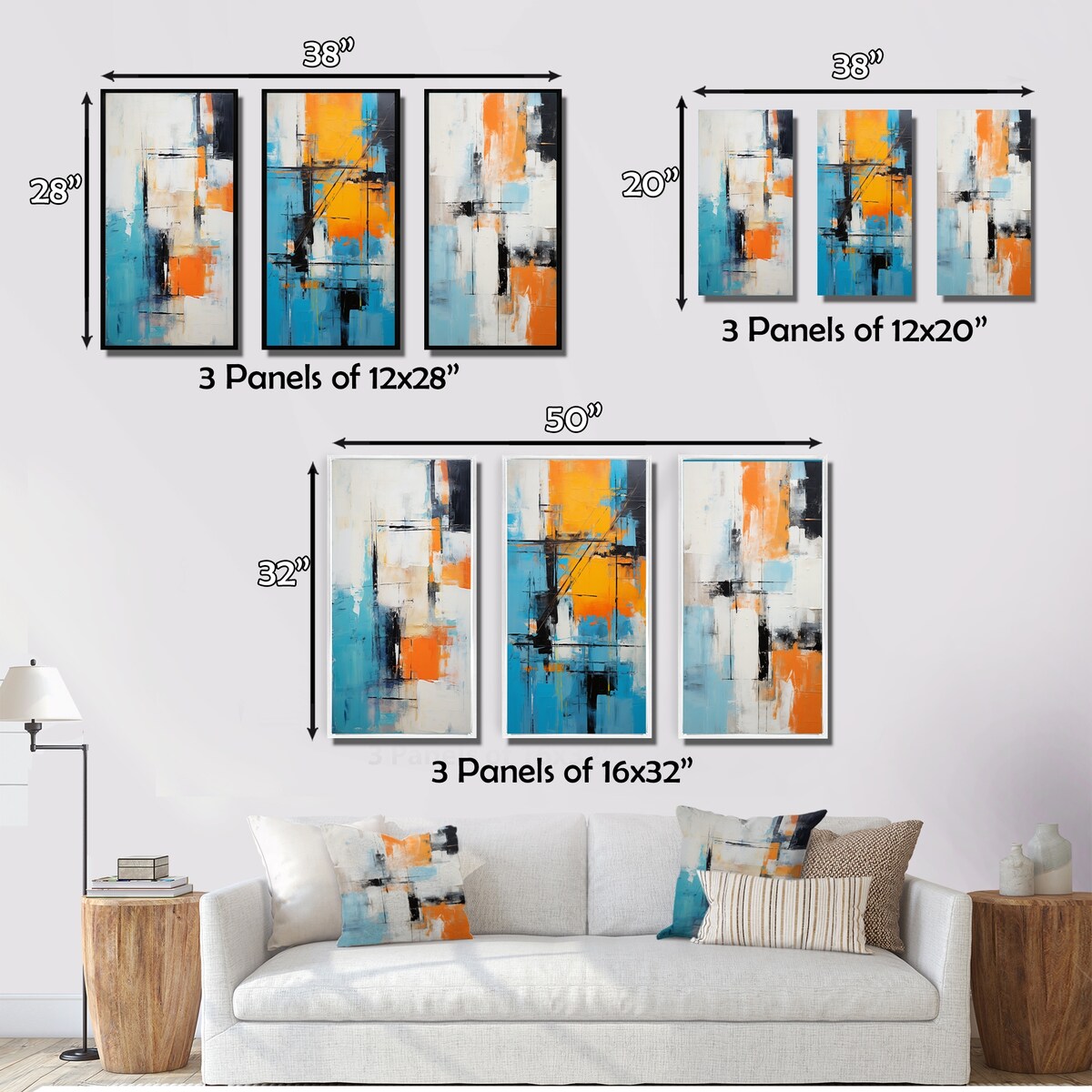 Designart "Cubist Visions Deconstructed Minimalism I" Abstract Painting Blue - Printed Art Set Of 3 For Bedroom