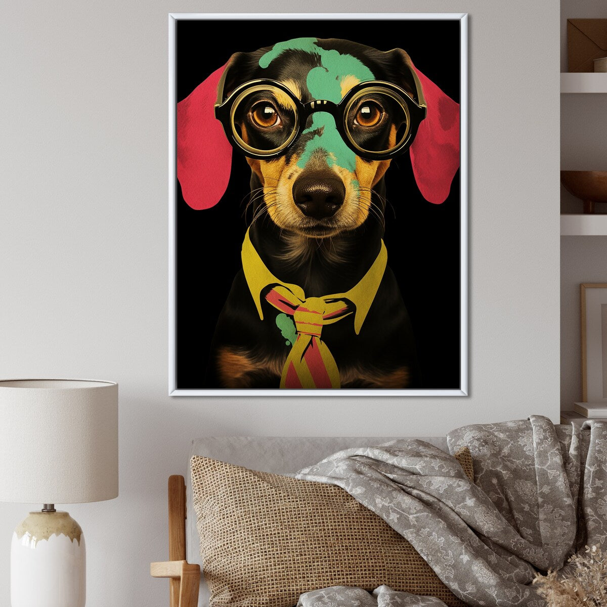 Designart "Curious Popart Daschund Dog III" Dog Daschund Pink Wall Decor - Traditional Entryway Framed Wall Art