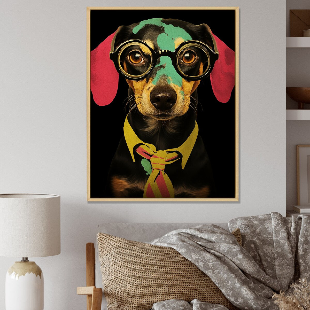 Designart "Curious Popart Daschund Dog III" Dog Daschund Pink Wall Decor - Traditional Entryway Framed Wall Art
