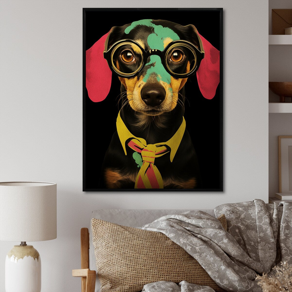 Designart "Curious Popart Daschund Dog III" Dog Daschund Pink Wall Decor - Traditional Entryway Framed Wall Art