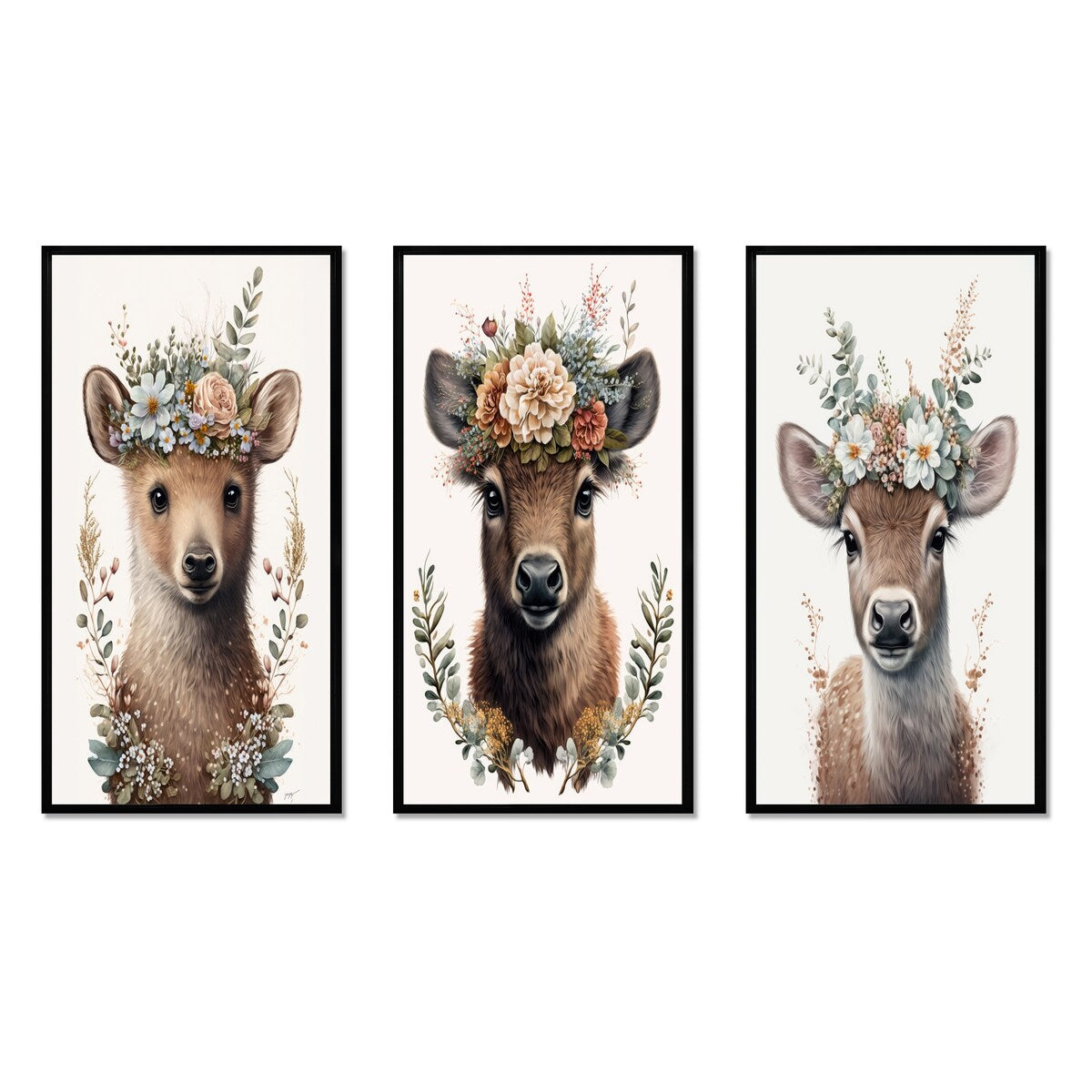 Designart "Cute Baby Bear With Floral Crown II" Animals Framed Wall Art Set Of 3 - Children's Art For Home Decor