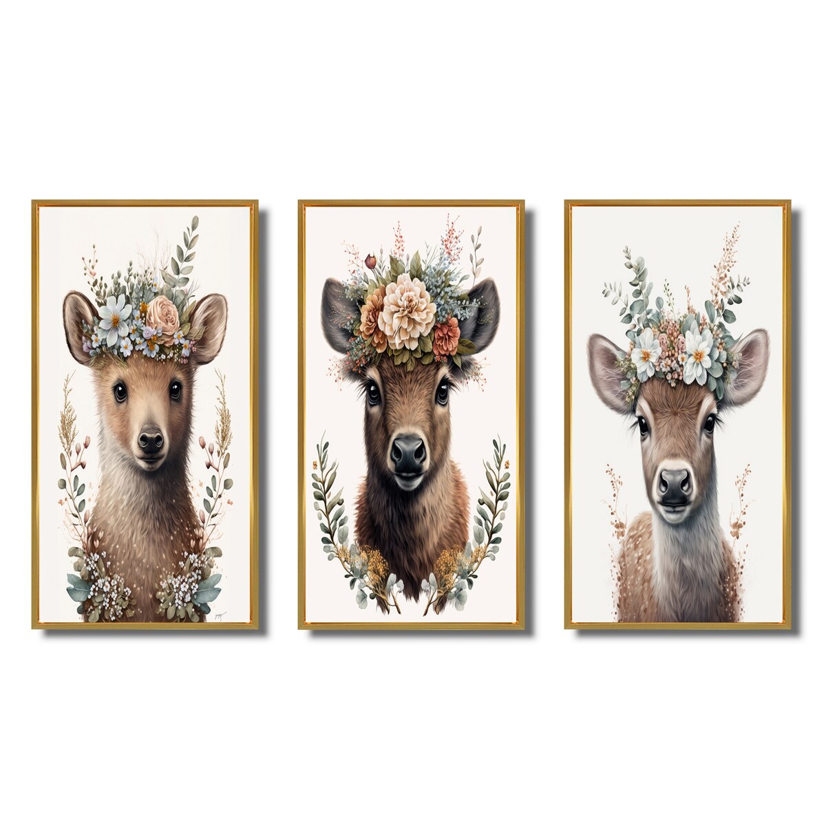 Designart "Cute Baby Bear With Floral Crown II" Animals Framed Wall Art Set Of 3 - Children's Art For Home Decor