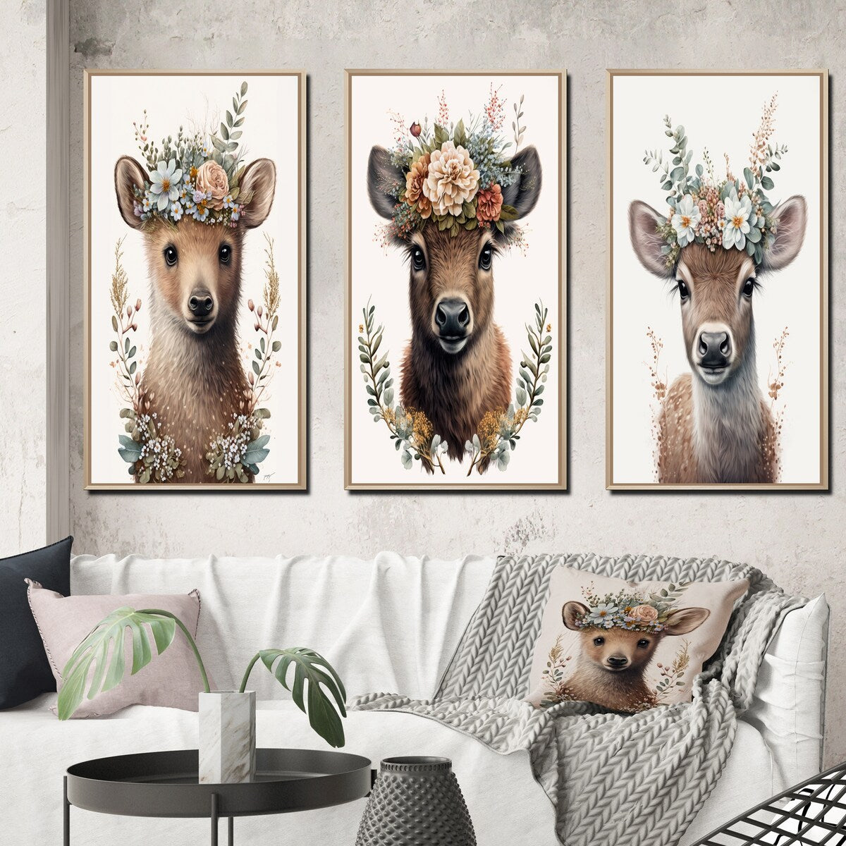 Designart "Cute Baby Bear With Floral Crown II" Animals Framed Wall Art Set Of 3 - Children's Art For Home Decor