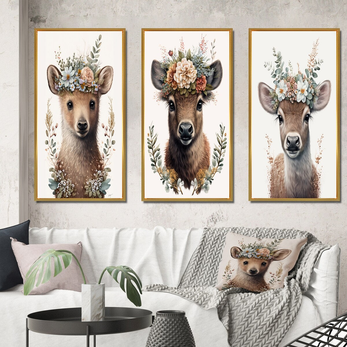 Designart "Cute Baby Bear With Floral Crown II" Animals Framed Wall Art Set Of 3 - Children's Art For Home Decor