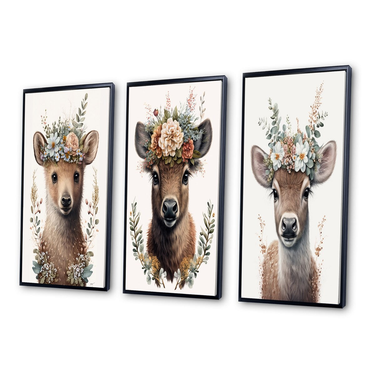 Designart "Cute Baby Bear With Floral Crown II" Animals Framed Wall Art Set Of 3 - Children's Art For Home Decor