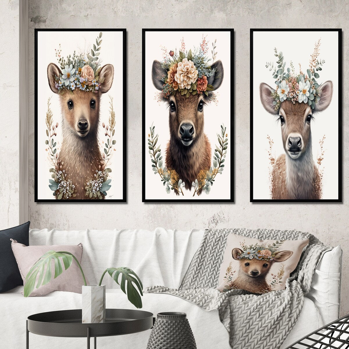 Designart "Cute Baby Bear With Floral Crown II" Animals Framed Wall Art Set Of 3 - Children's Art For Home Decor