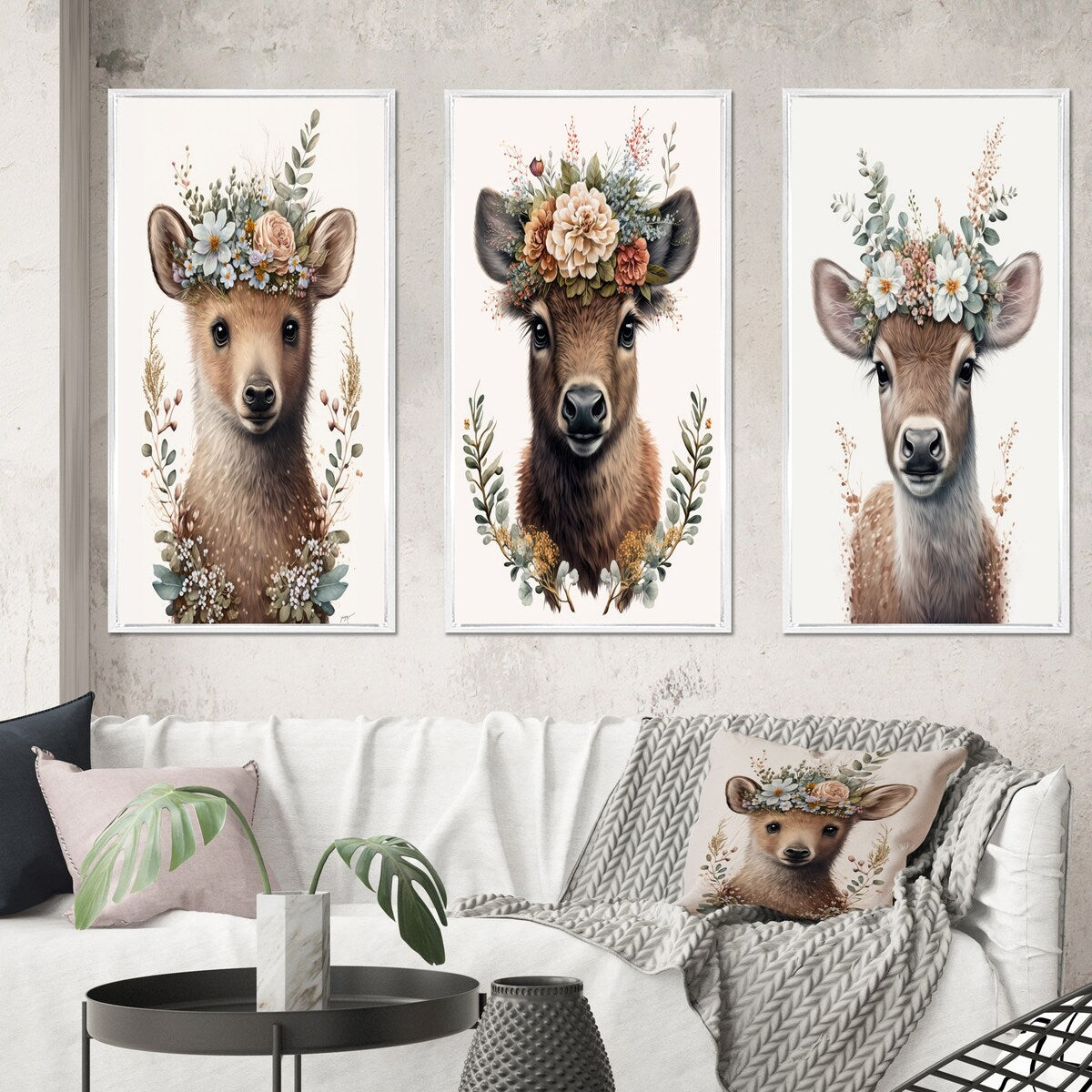 Designart "Cute Baby Bear With Floral Crown II" Animals Framed Wall Art Set Of 3 - Children's Art For Home Decor