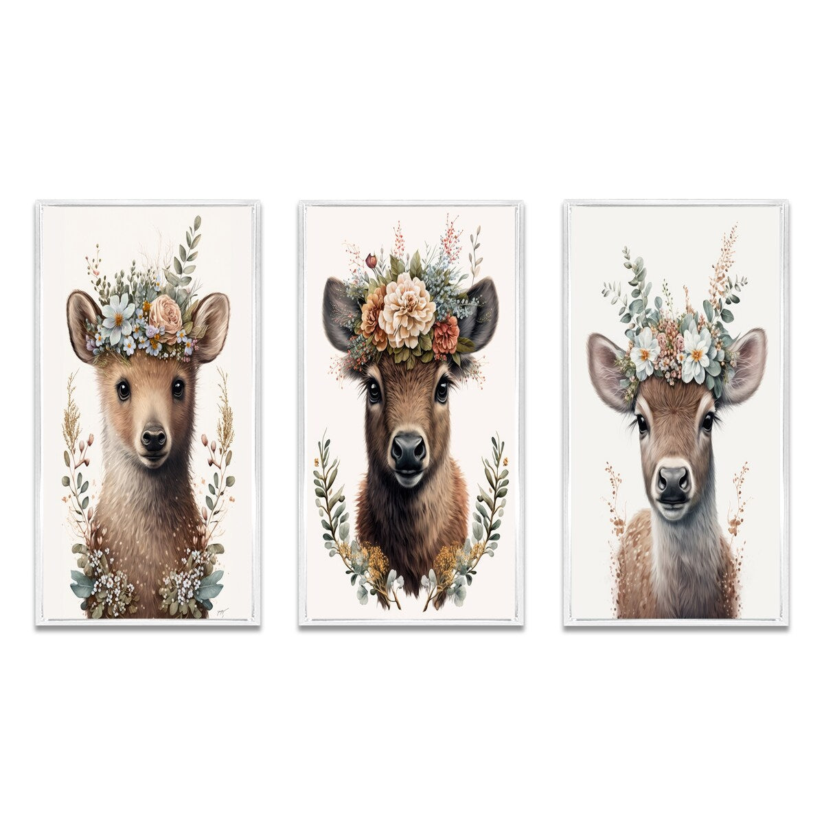 Designart "Cute Baby Bear With Floral Crown II" Animals Framed Wall Art Set Of 3 - Children's Art For Home Decor