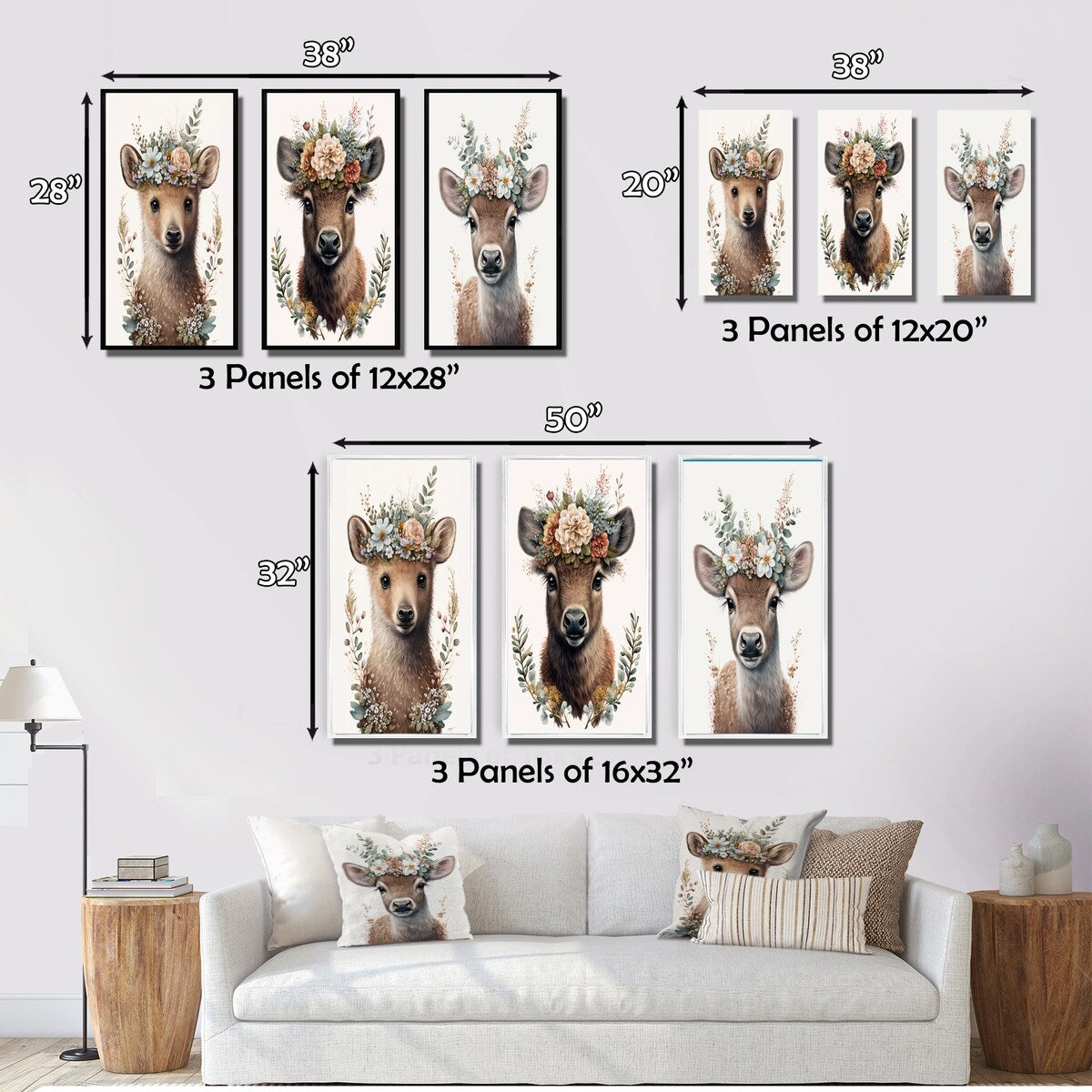 Designart "Cute Baby Bear With Floral Crown II" Animals Framed Wall Art Set Of 3 - Children's Art For Home Decor