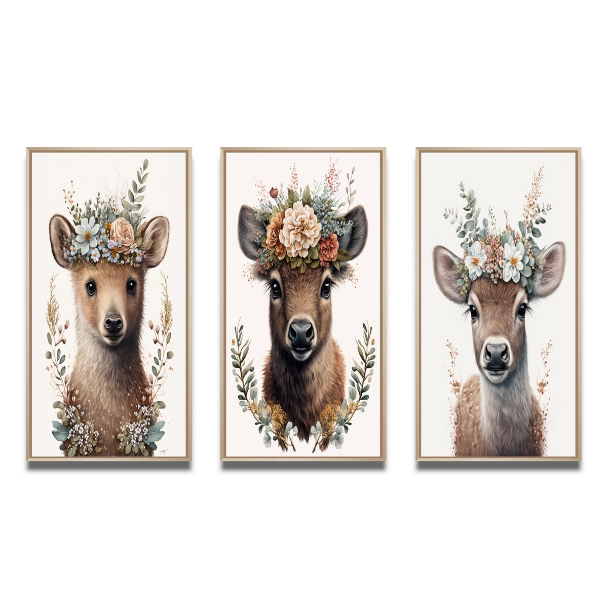 Designart "Cute Baby Bear With Floral Crown II" Animals Framed Wall Art Set Of 3 - Children's Art For Home Decor