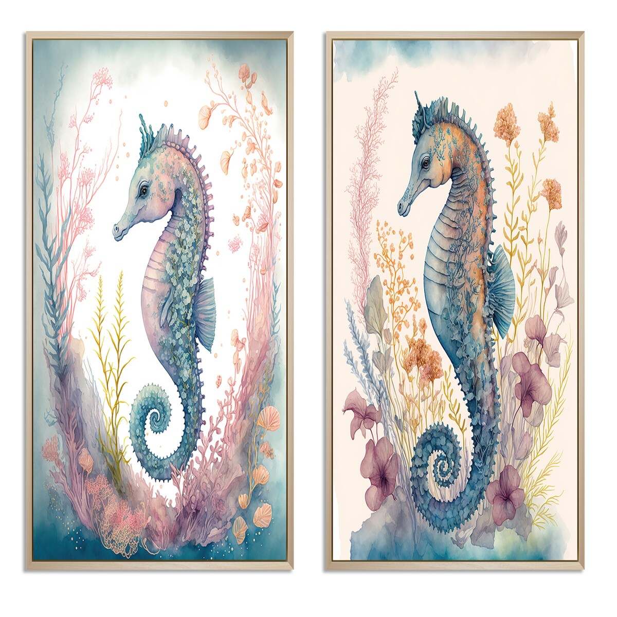 Designart "Cute Baby Seahorse In The Deep Sea I" Animals Framed Wall Art Set Of 2 Wall Art Set Of 2