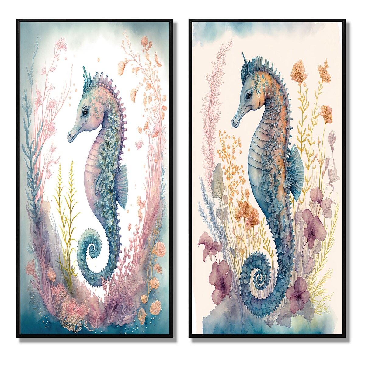 Designart "Cute Baby Seahorse In The Deep Sea I" Animals Framed Wall Art Set Of 2 Wall Art Set Of 2