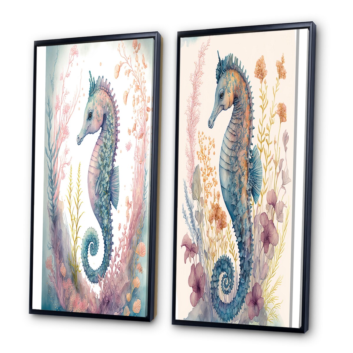 Designart "Cute Baby Seahorse In The Deep Sea I" Animals Framed Wall Art Set Of 2 Wall Art Set Of 2